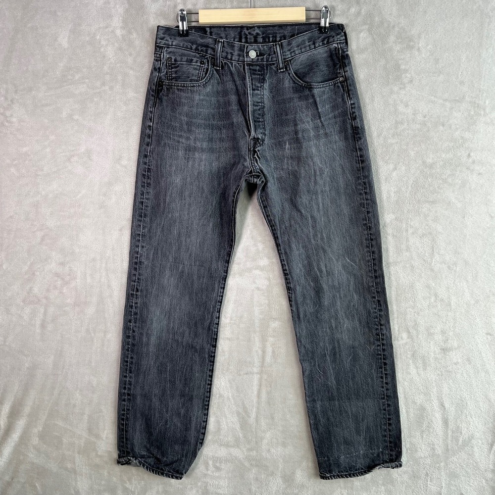 Levi's 501 Straight Leg Button Fly Jeans Faded Black Distressed Men 33 x 32